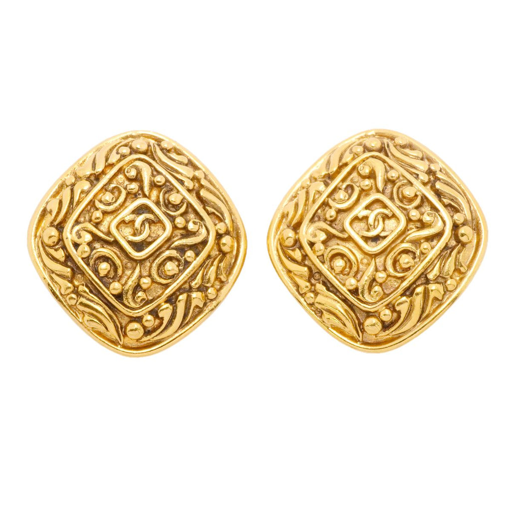 Chanel Earrings Vintage CC Logo Diamond Shape Gold Plated