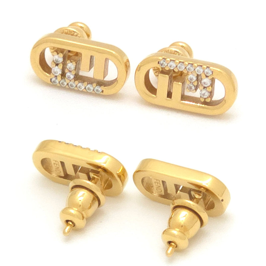Fendi O'lock Earrings White Crystal Gold Polished Metal Stud — view 2