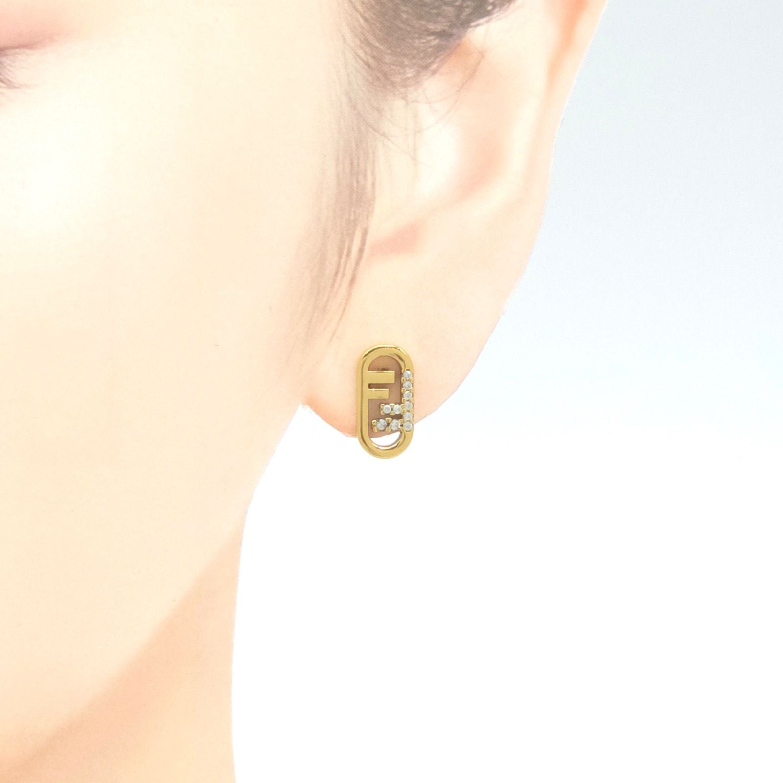 Fendi O'lock Earrings White Crystal Gold Polished Metal Stud