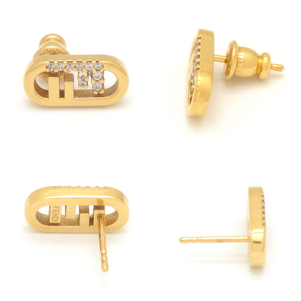 Fendi O'lock Earrings White Crystal Gold Polished Metal Stud — view 4