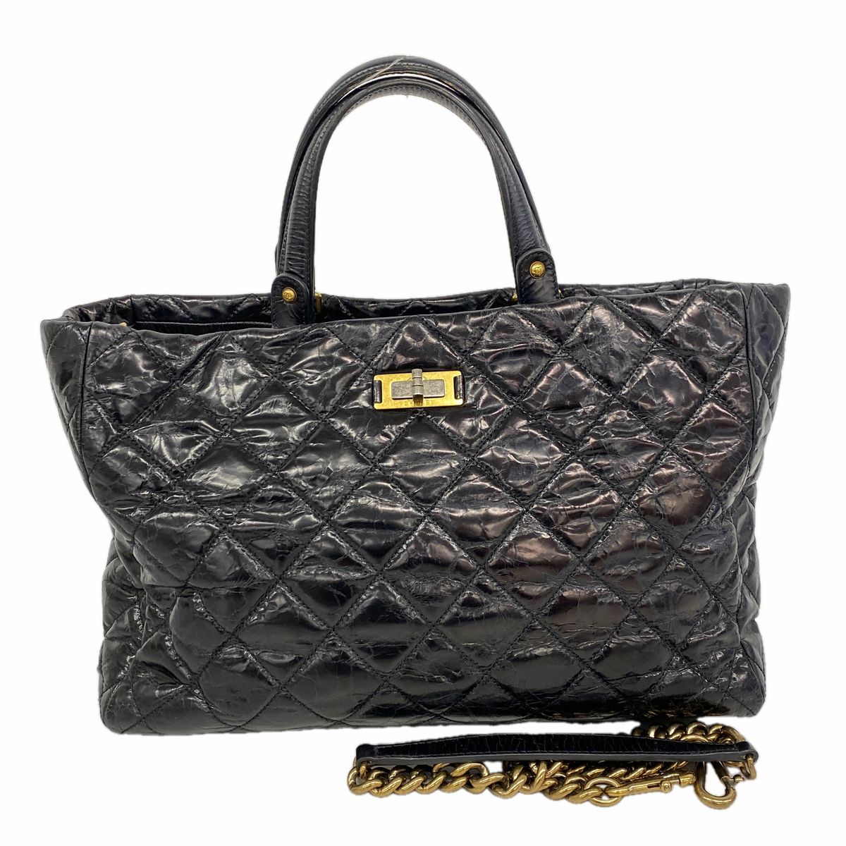 Chanel Tote Bag 2.55 Quilted Vintage Calfskin Black Gold Silver 2-Way