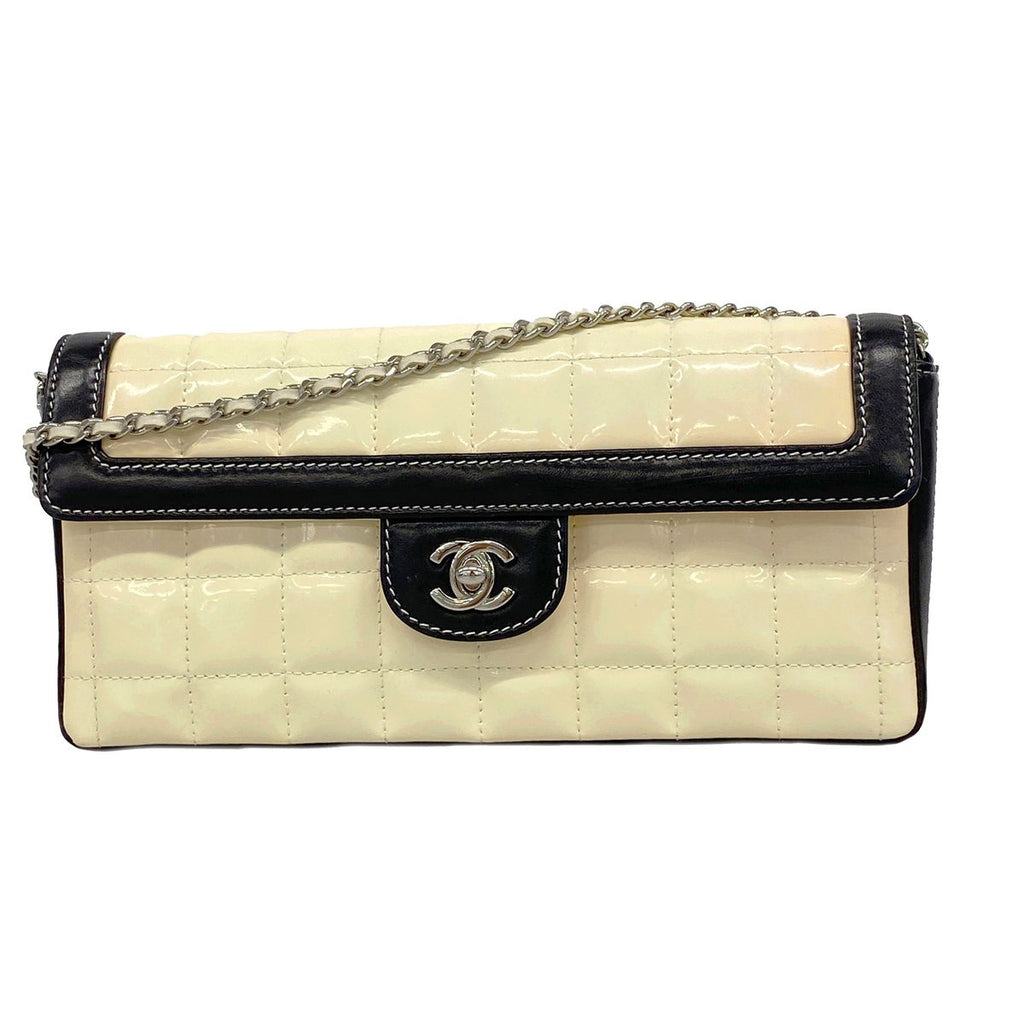 Chanel Shoulder Bag Choco Bar Patent Leather White Black Silver