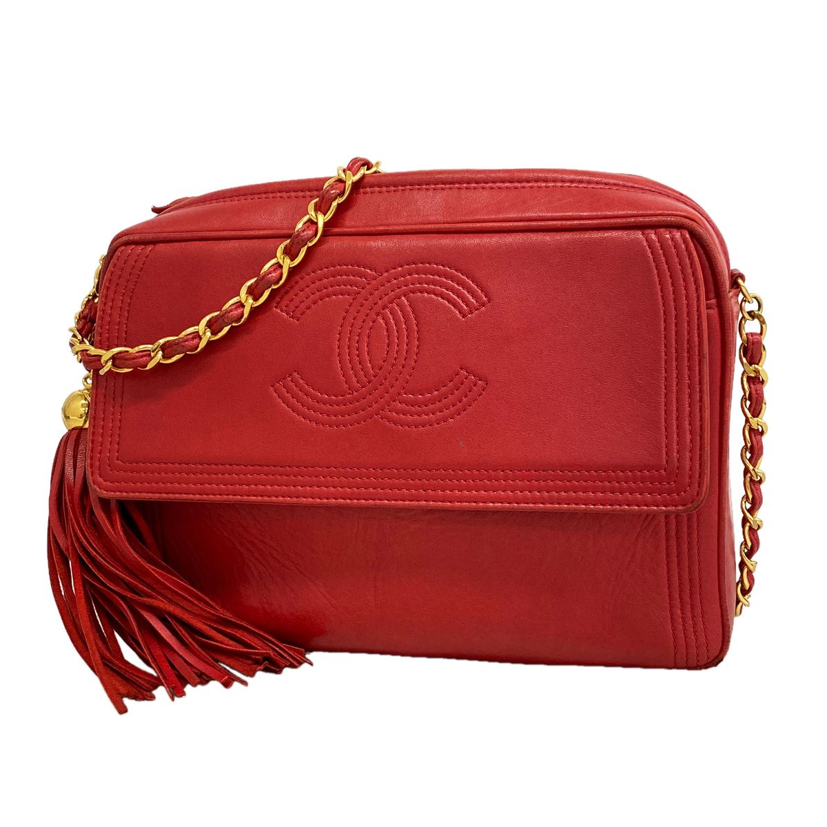 Chanel Shoulder Bag Leather Red Gold