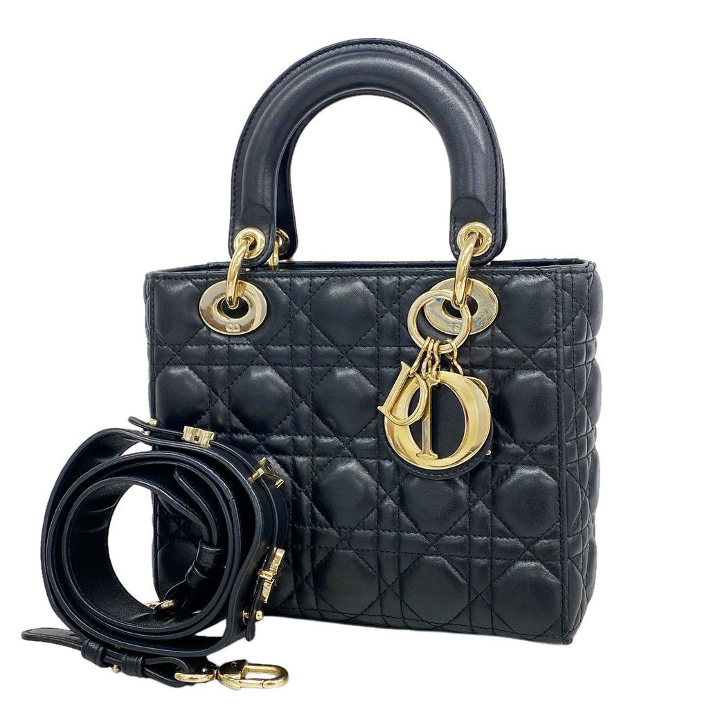 Dior Handbag Cannage Lady Leather Black Gold 2-Way Bag