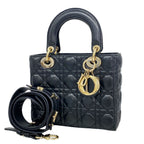 Dior Handbag Cannage Lady Leather Black Gold 2-Way Bag