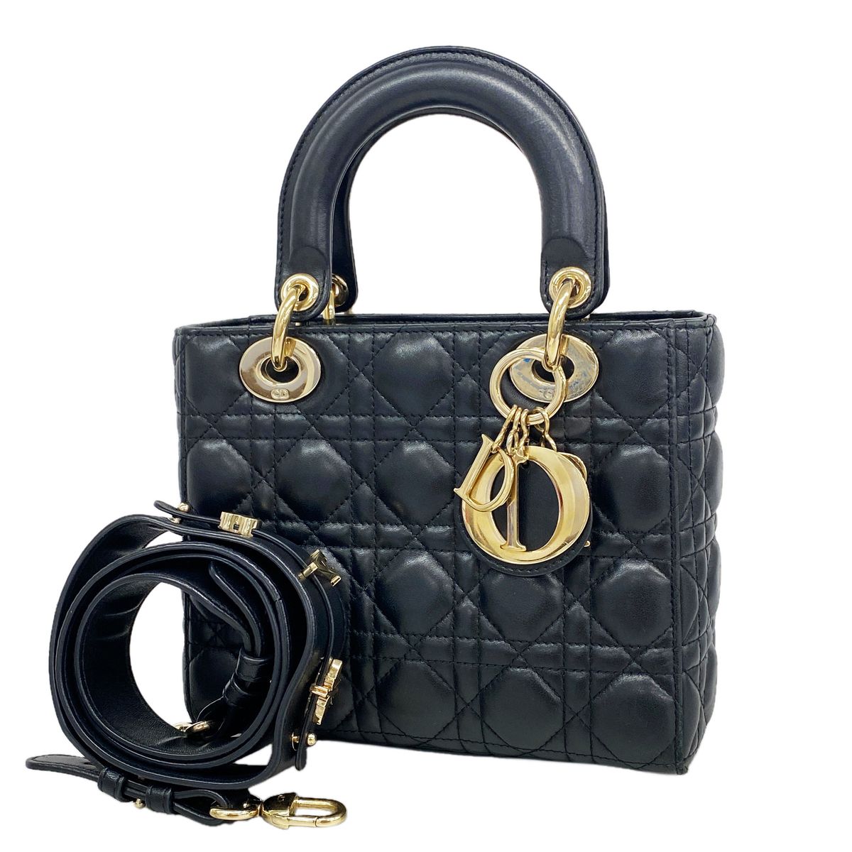 Dior Handbag Cannage Lady Leather Black Gold 2-Way Bag