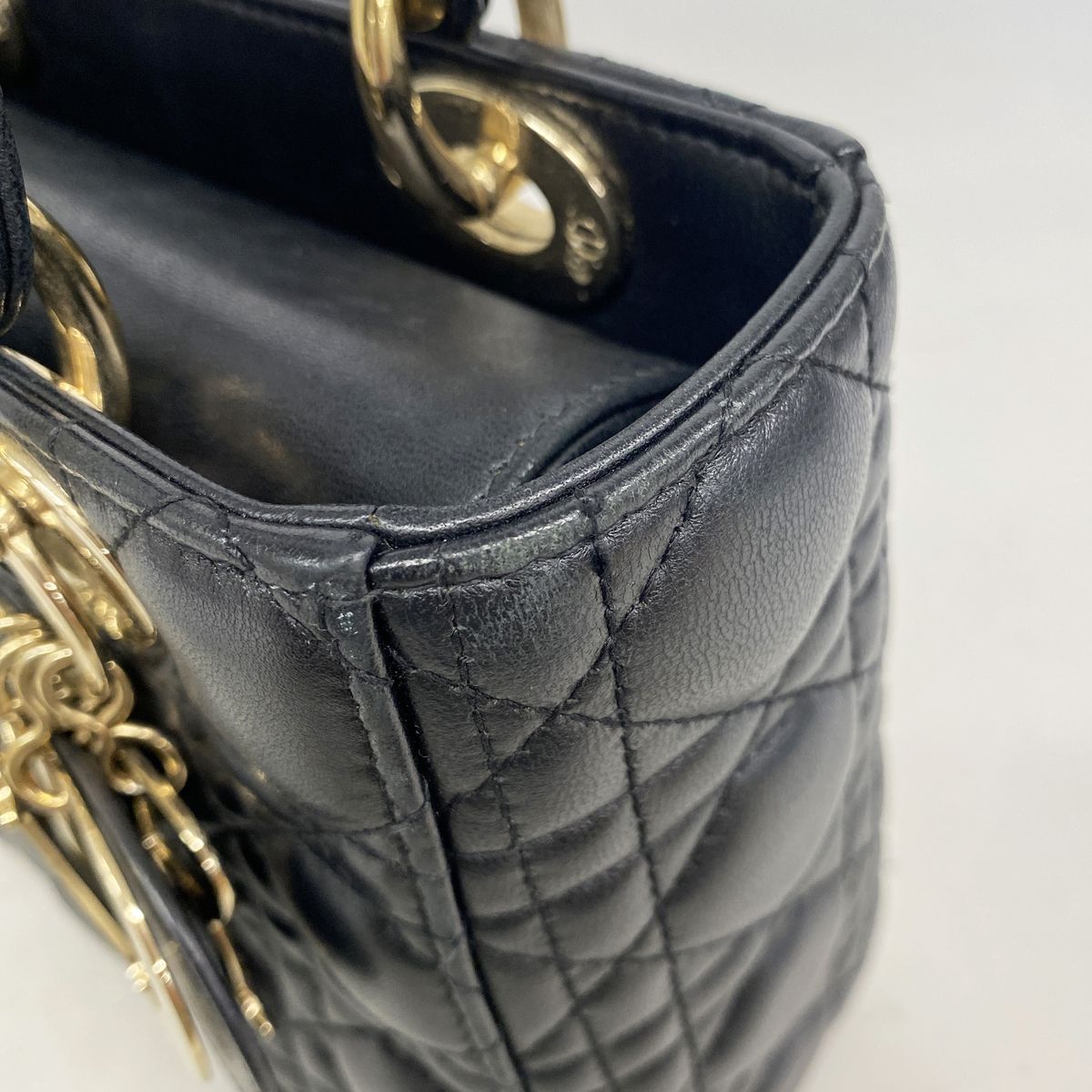 Dior Handbag Cannage Lady Leather Black Gold 2-Way Bag — view 7
