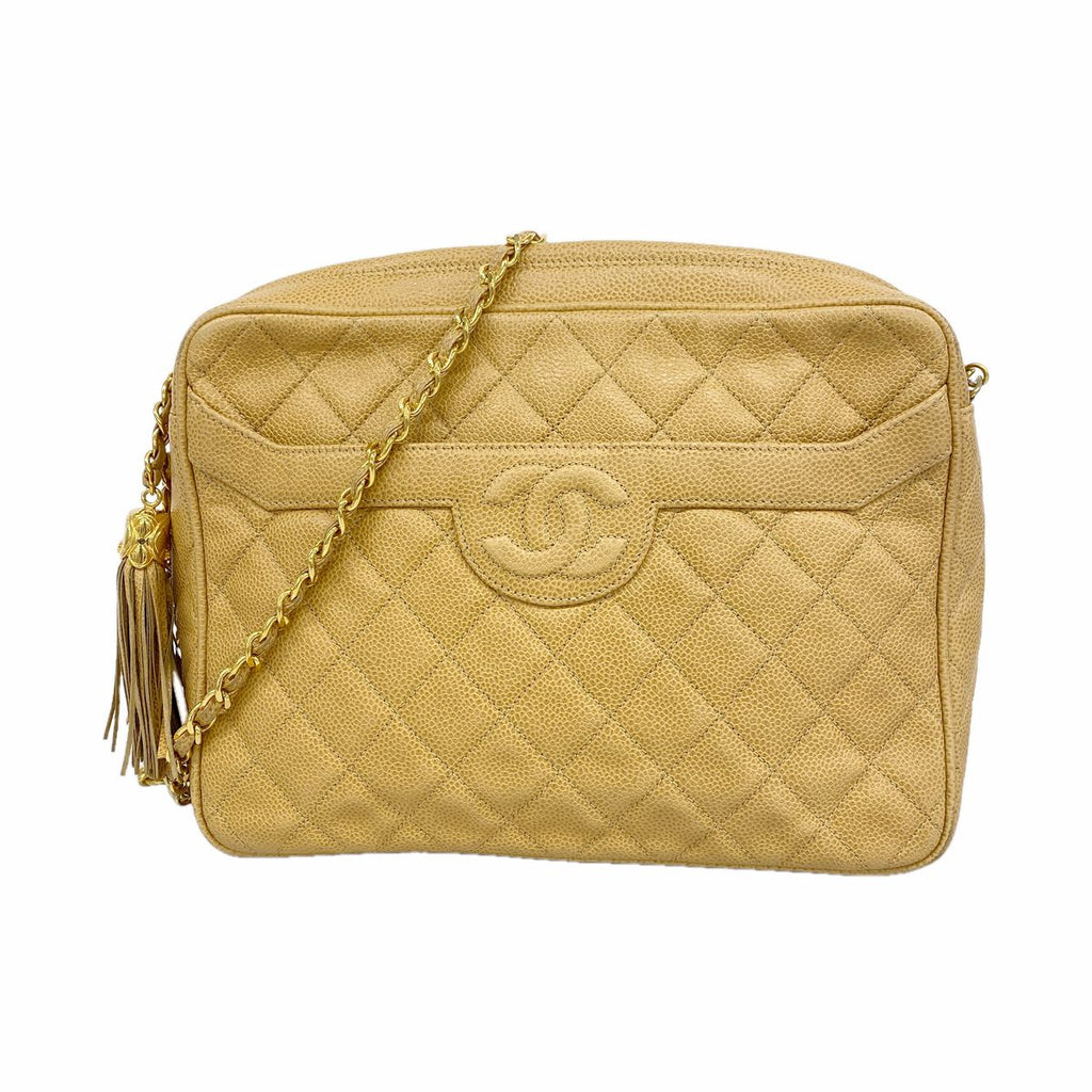 Chanel Shoulder Bag Quilted Caviar Leather Beige Gold