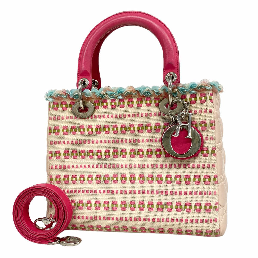 Dior Handbag Cannage Lady Canvas Leather Multicolor Silver 2-Way Bag