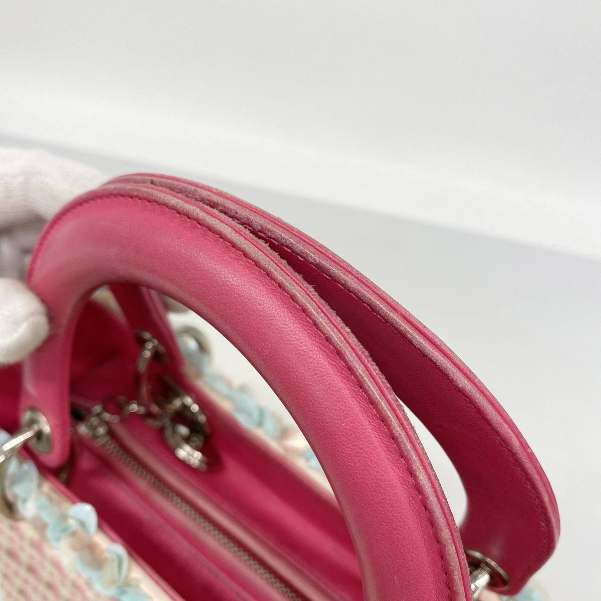 Dior Handbag Cannage Lady Canvas Leather Multicolor Silver 2-Way Bag — view 8