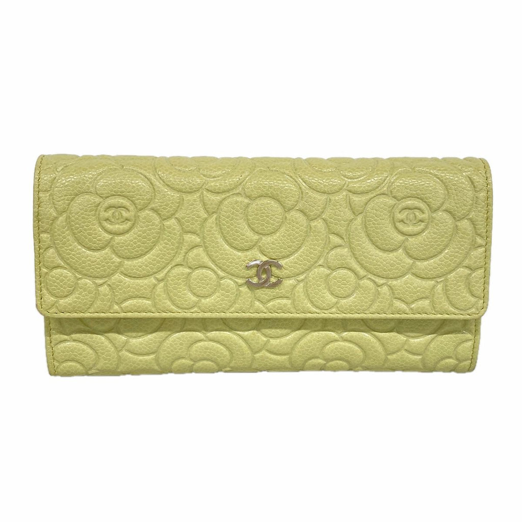 Chanel Wallet Camellia Caviar Leather Green Silver
