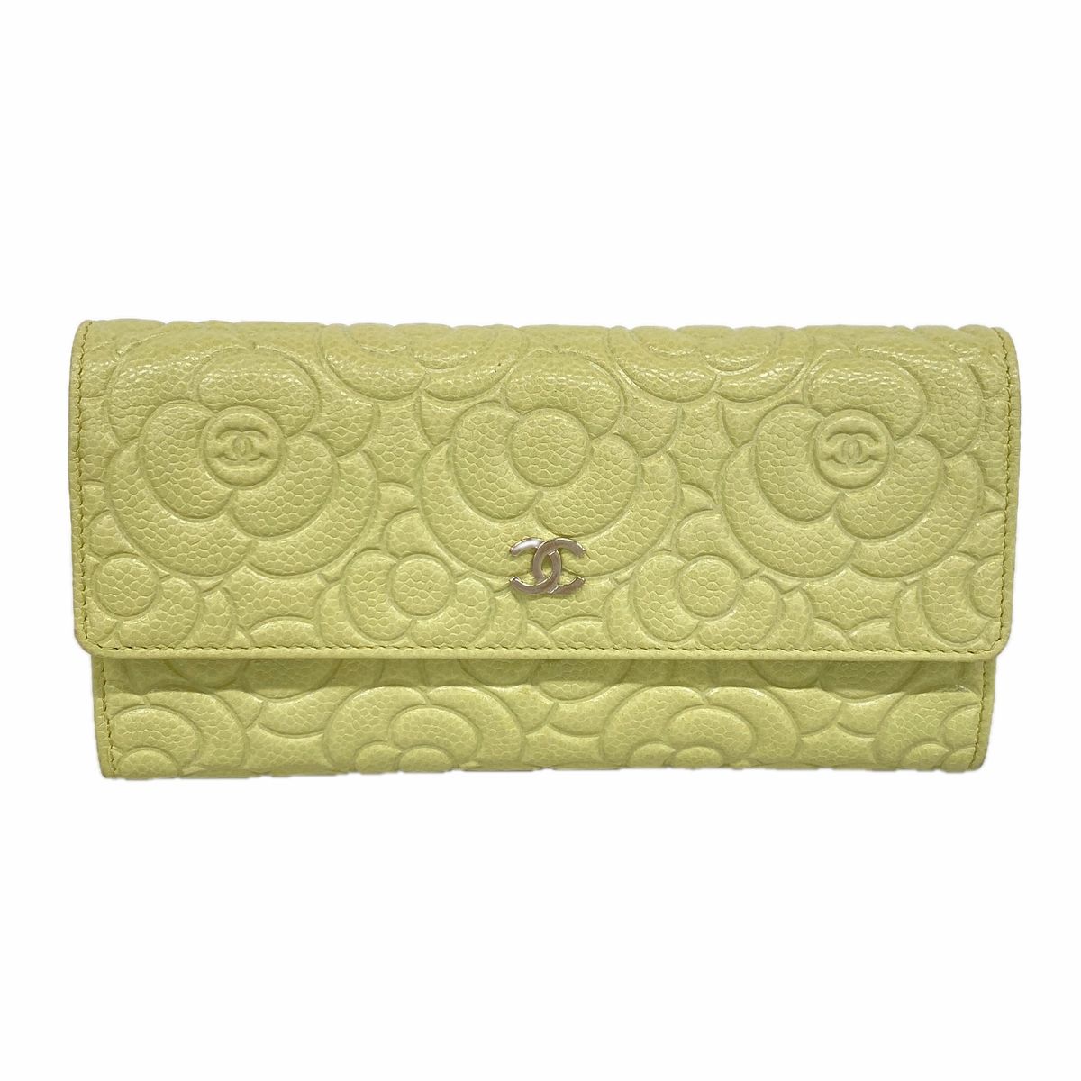 Chanel Wallet Camellia Caviar Leather Green Silver