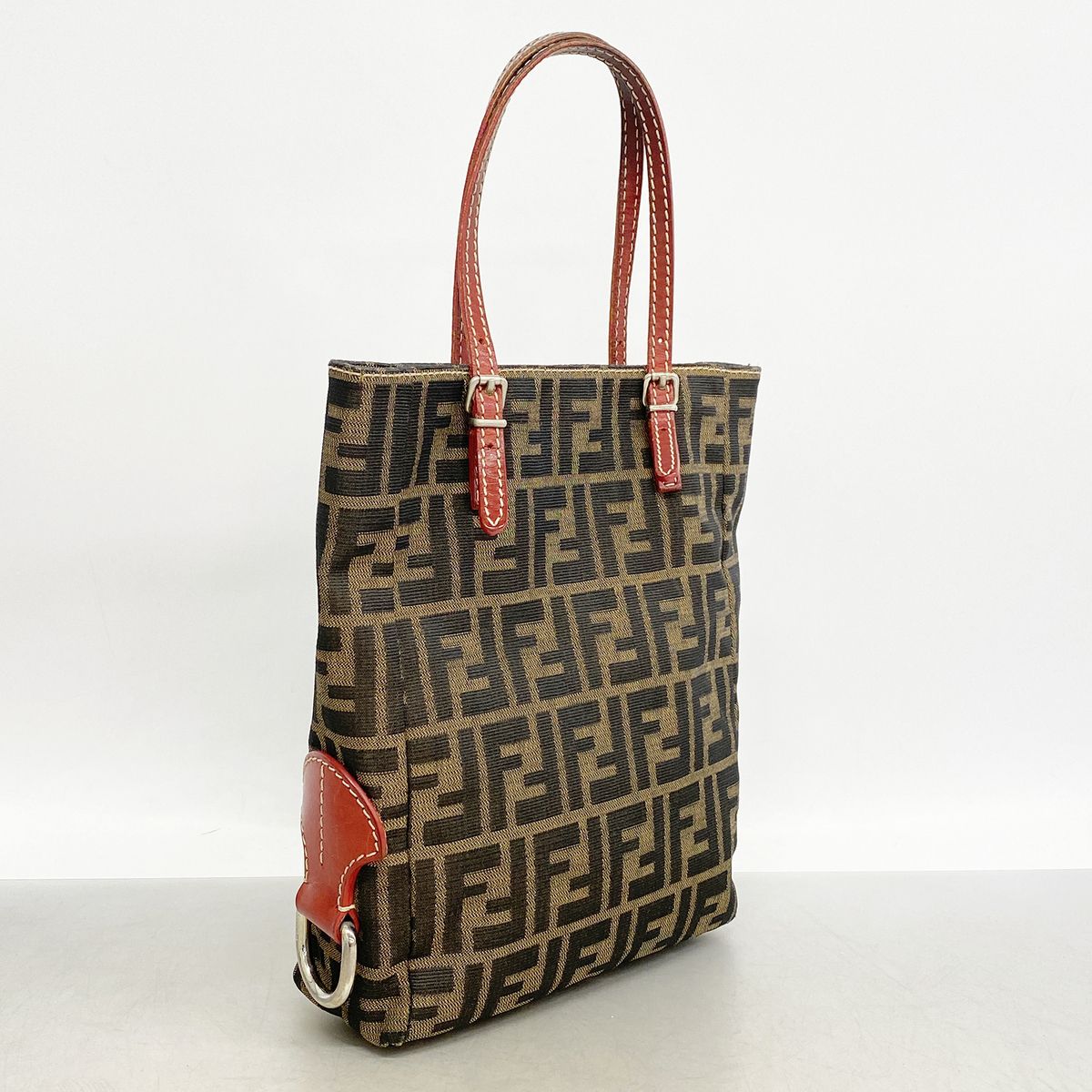 Fendi Tote Bag Zucca Nylon Canvas Brown Red Silver — view 2