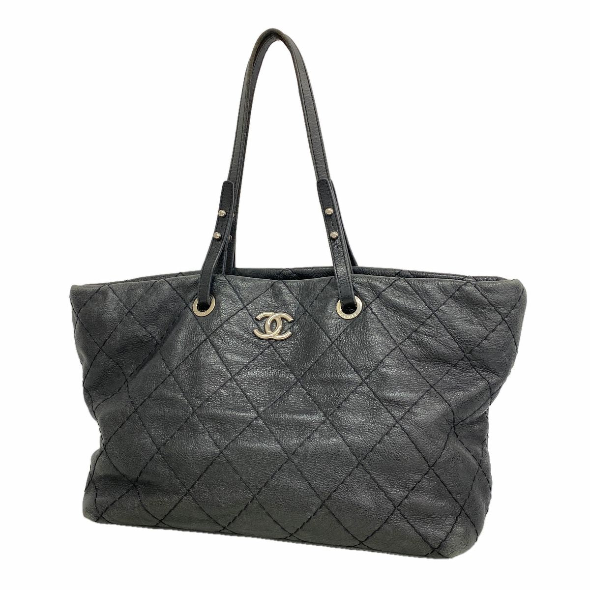 Chanel Tote Bag on the Road Leather Black Silver