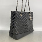 Chanel Chain Tote Bag V-stitch Patent Leather Black Silver — view 2