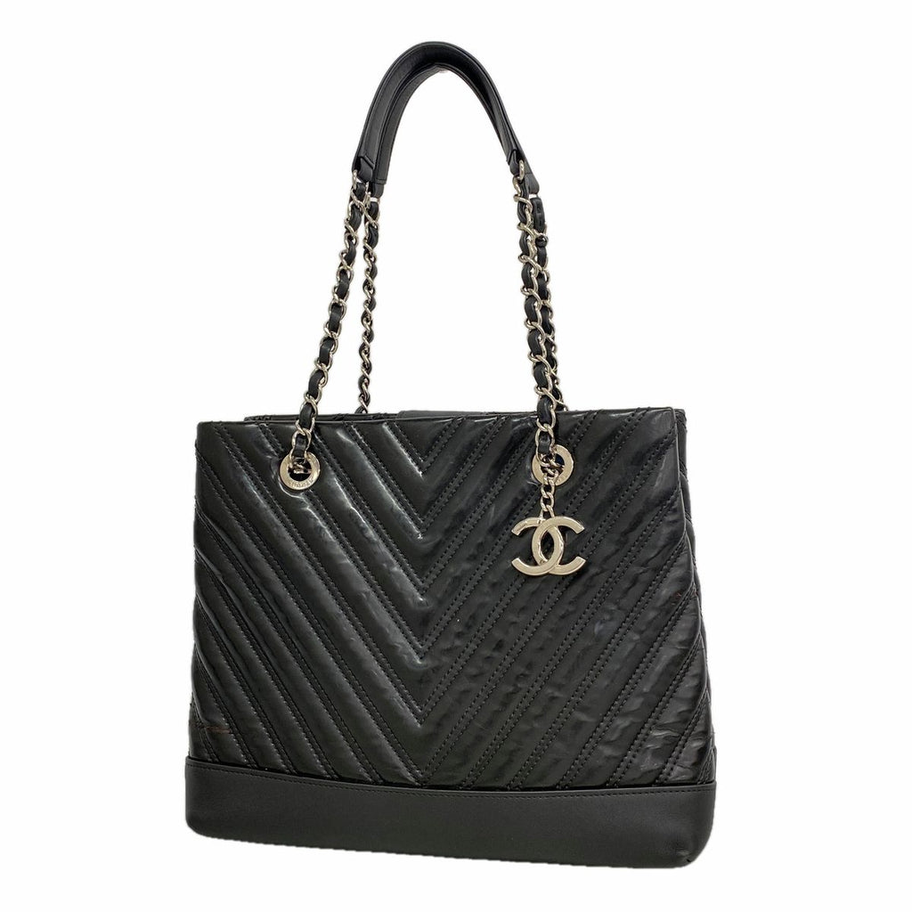 Chanel Chain Tote Bag V-stitch Patent Leather Black Silver