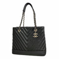 Chanel Chain Tote Bag V-stitch Patent Leather Black Silver