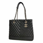 Chanel Chain Tote Bag V-stitch Patent Leather Black Silver