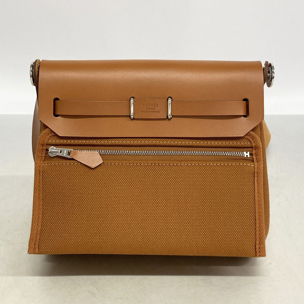 Hermes Shoulder Bag Herbag Mini Toile Military Vache Hunter Fauve Silver — view 7