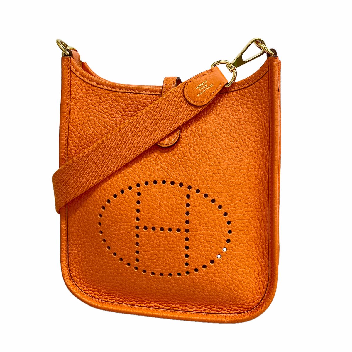 Hermes Shoulder Bag Evelyne TPM Taurillon Clemence Orange Minien Gold
