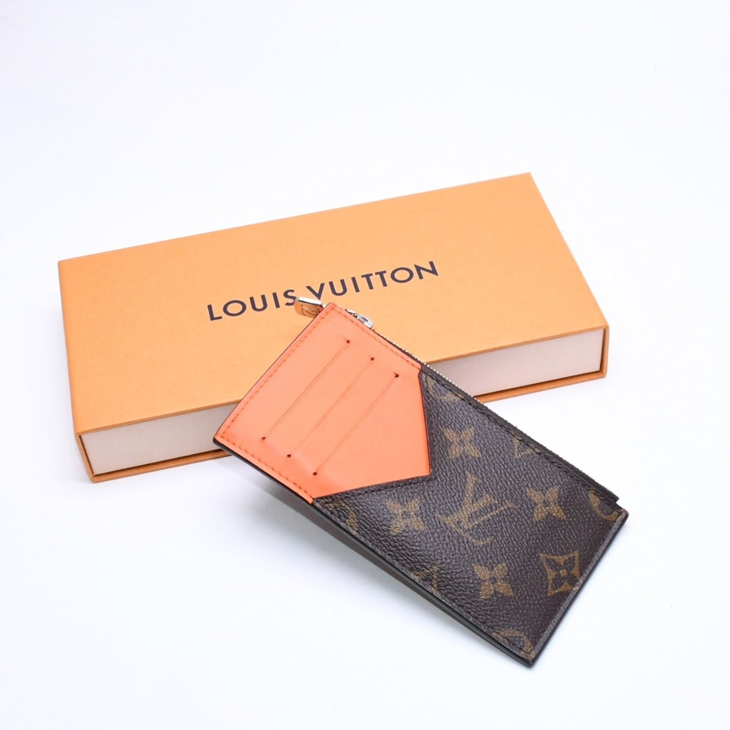 Louis Vuitton Coin Card Holder Case Monogram Brown Orange Silver