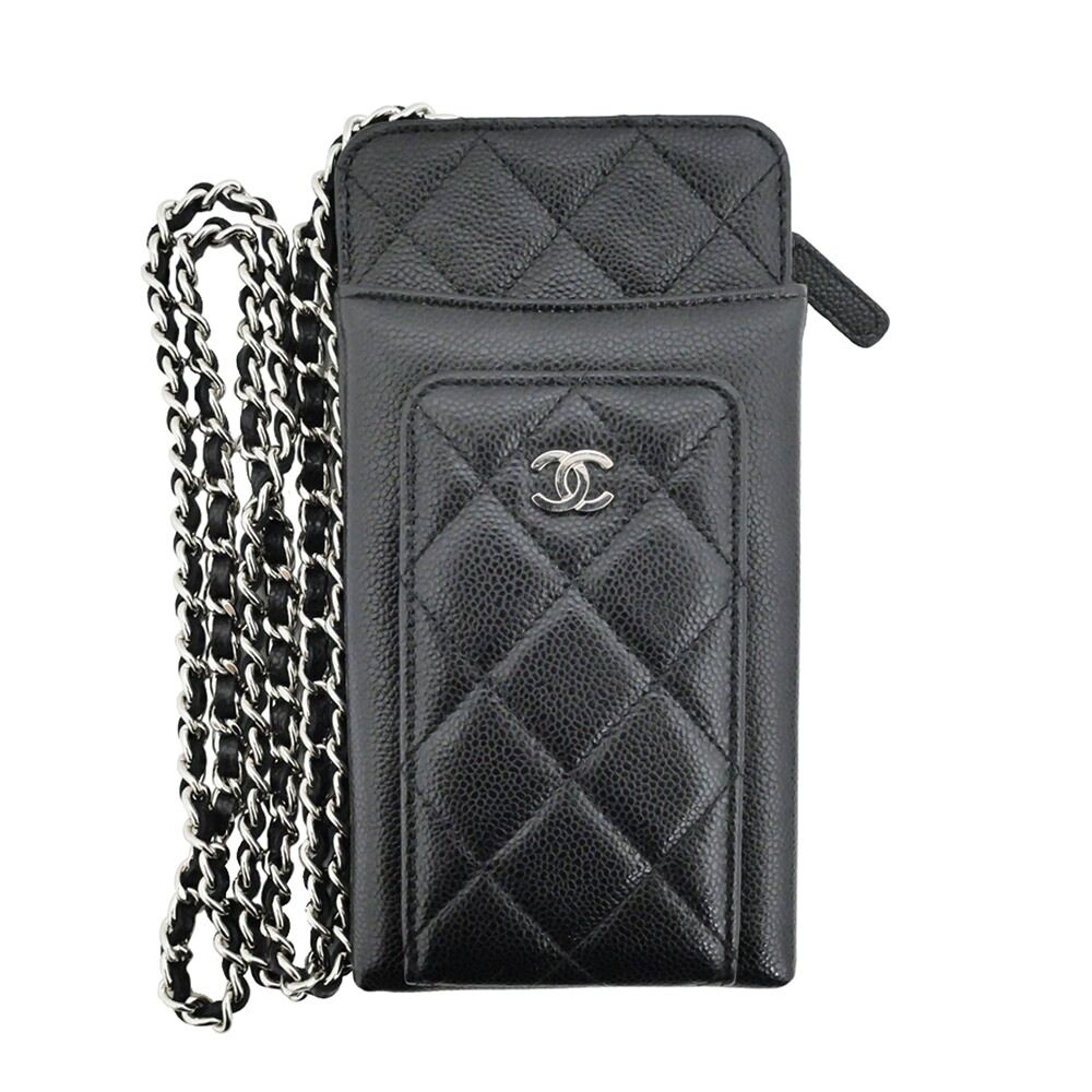 Chanel Chain Phone Case Shoulder Bag Quilted Black Silver