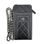 Chanel Chain Phone Case Shoulder Bag Quilted Black Silver