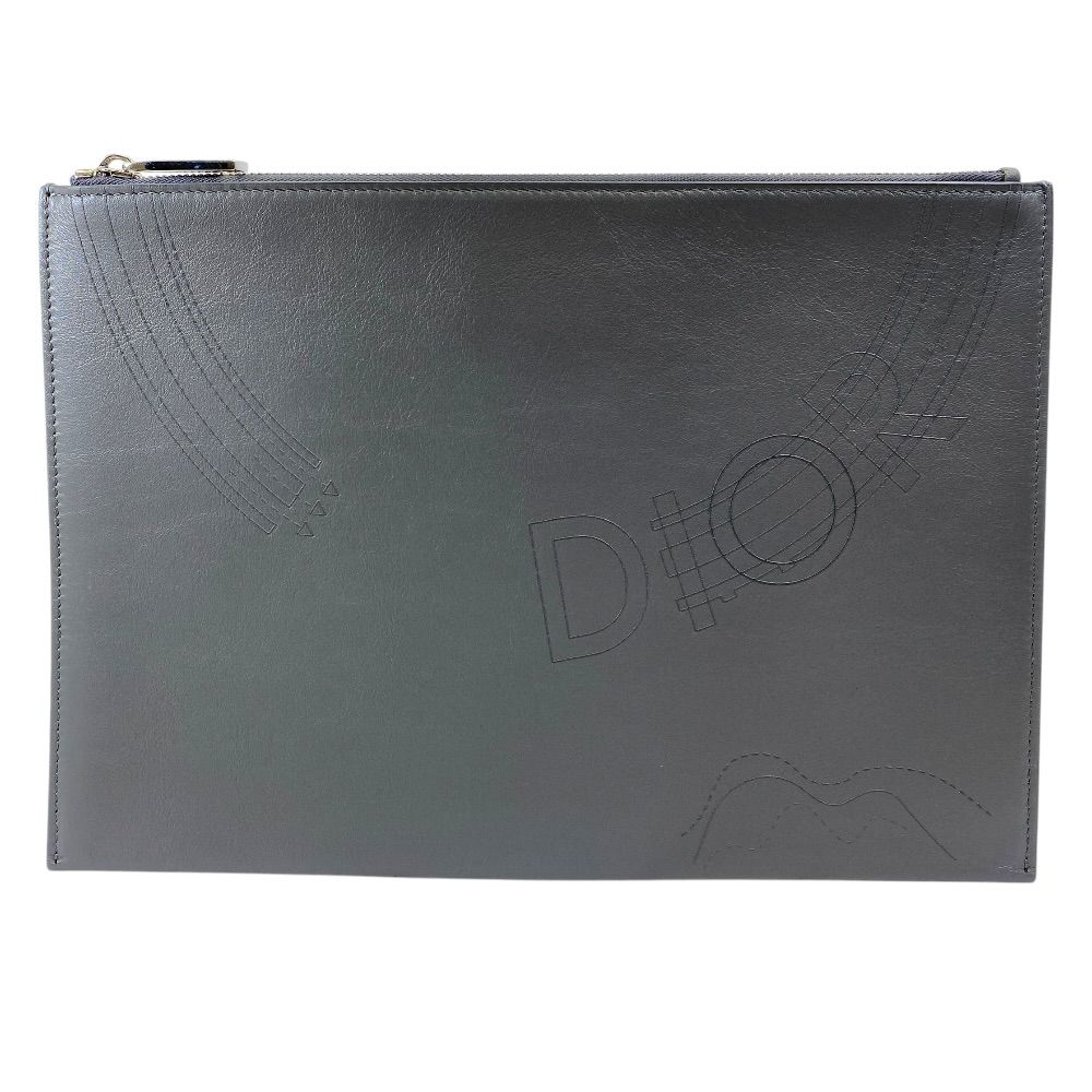 Dior Clutch Pouch Leather Gray Lightweight Capacity Crossbody