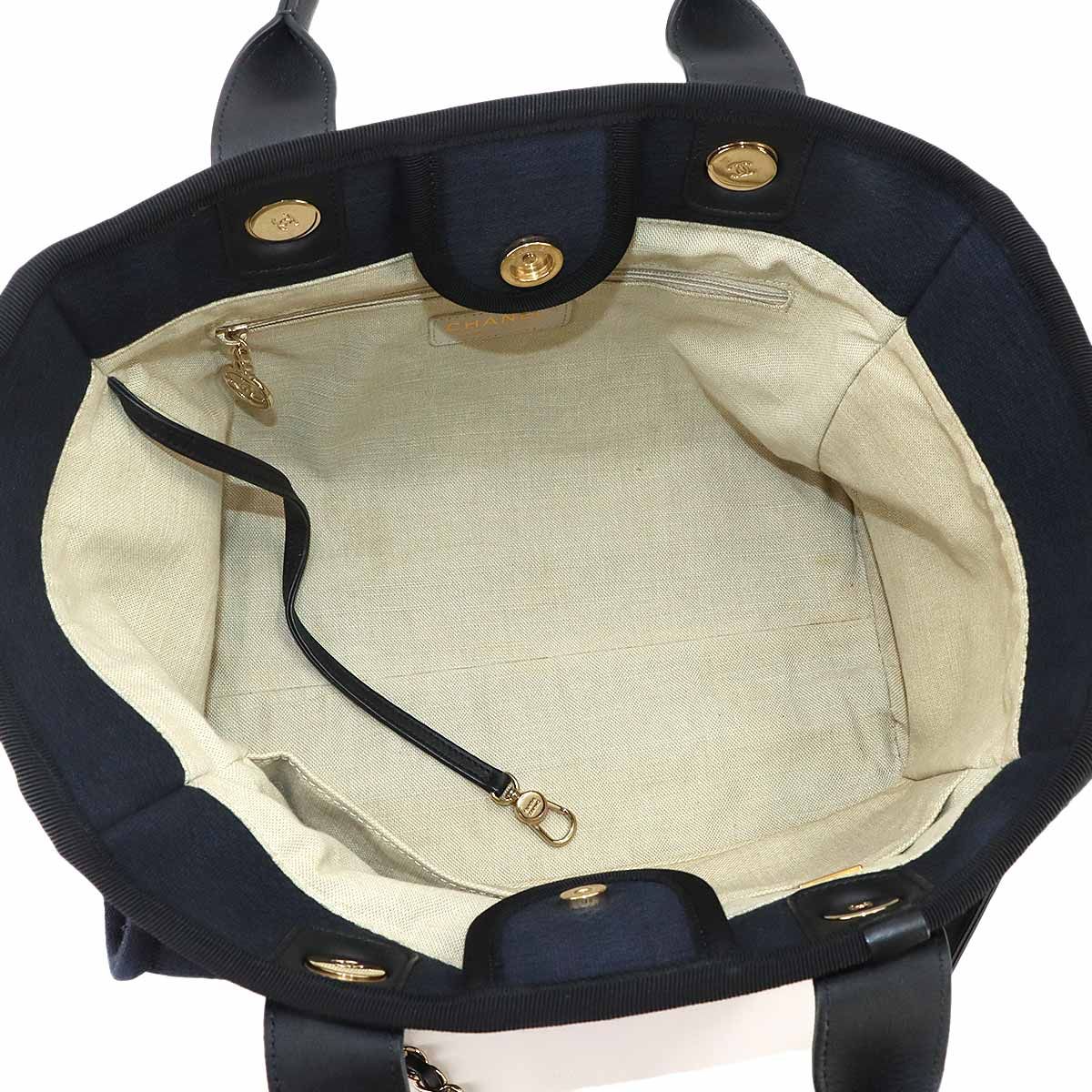 Chanel Deauville Small Shopping Tote Chain Shoulder Bag Canvas Leather Navy — view 7
