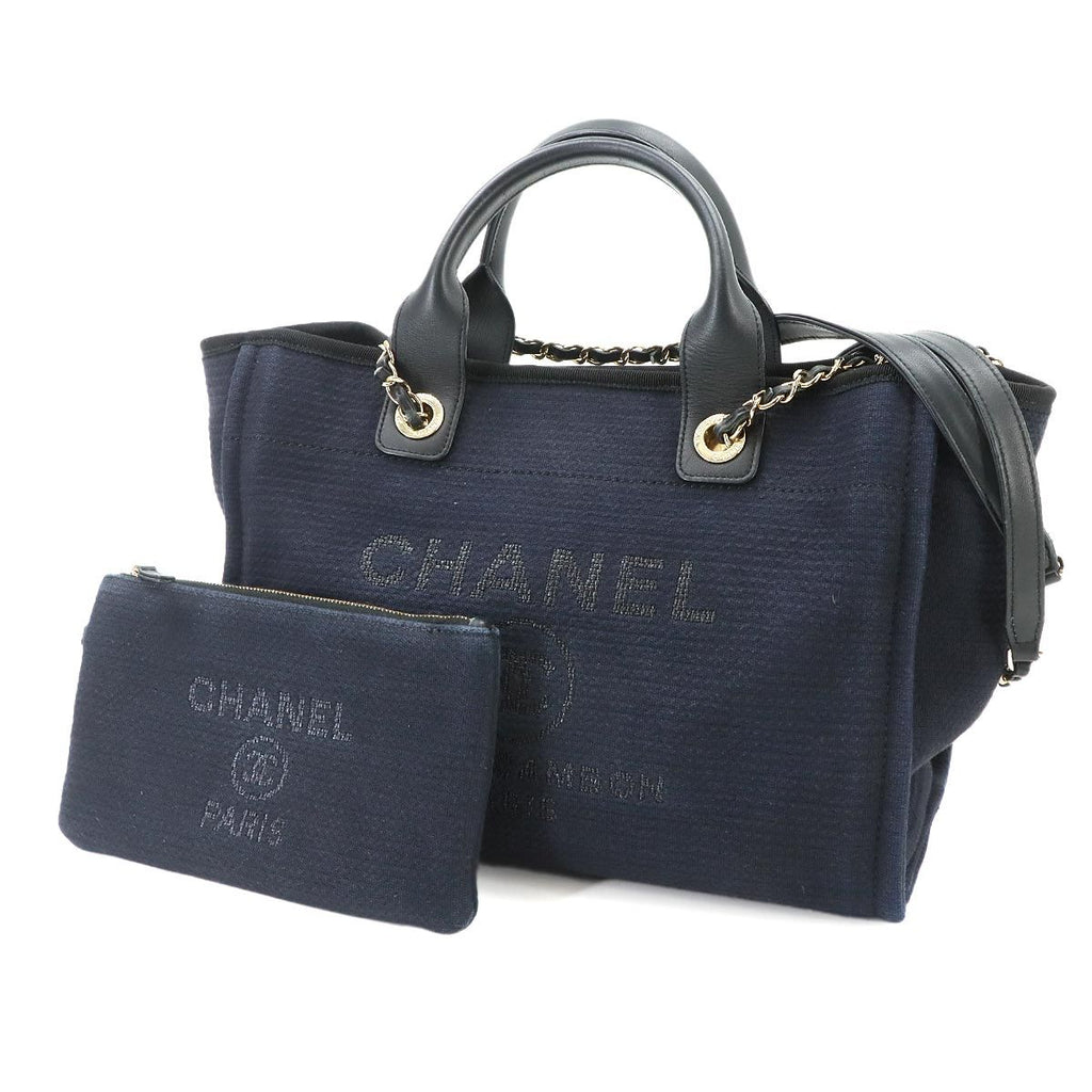 Chanel Deauville Small Shopping Tote Chain Shoulder Bag Canvas Leather Navy — view 2