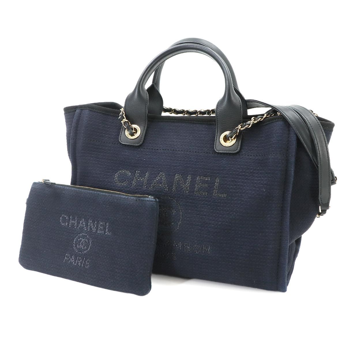 Chanel Deauville Small Shopping Tote Chain Shoulder Bag Canvas Leather Navy — view 2