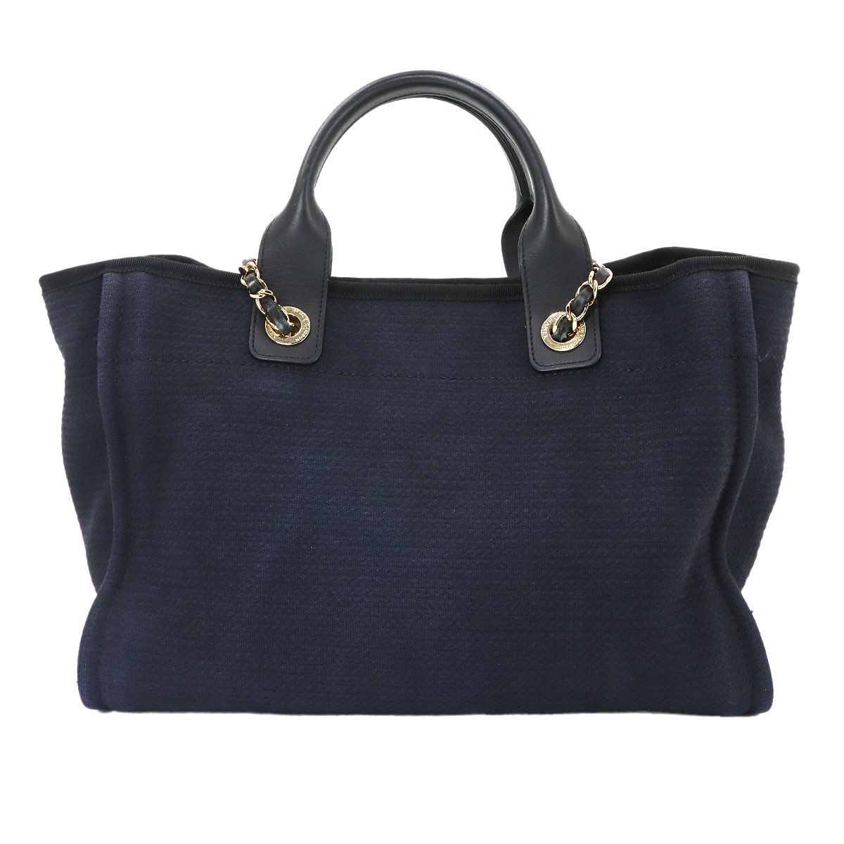 Chanel Deauville Small Shopping Tote Chain Shoulder Bag Canvas Leather Navy — view 3