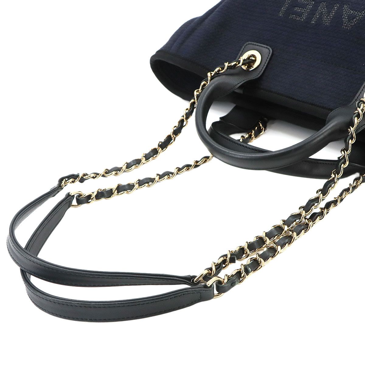Chanel Deauville Small Shopping Tote Chain Shoulder Bag Canvas Leather Navy — view 5