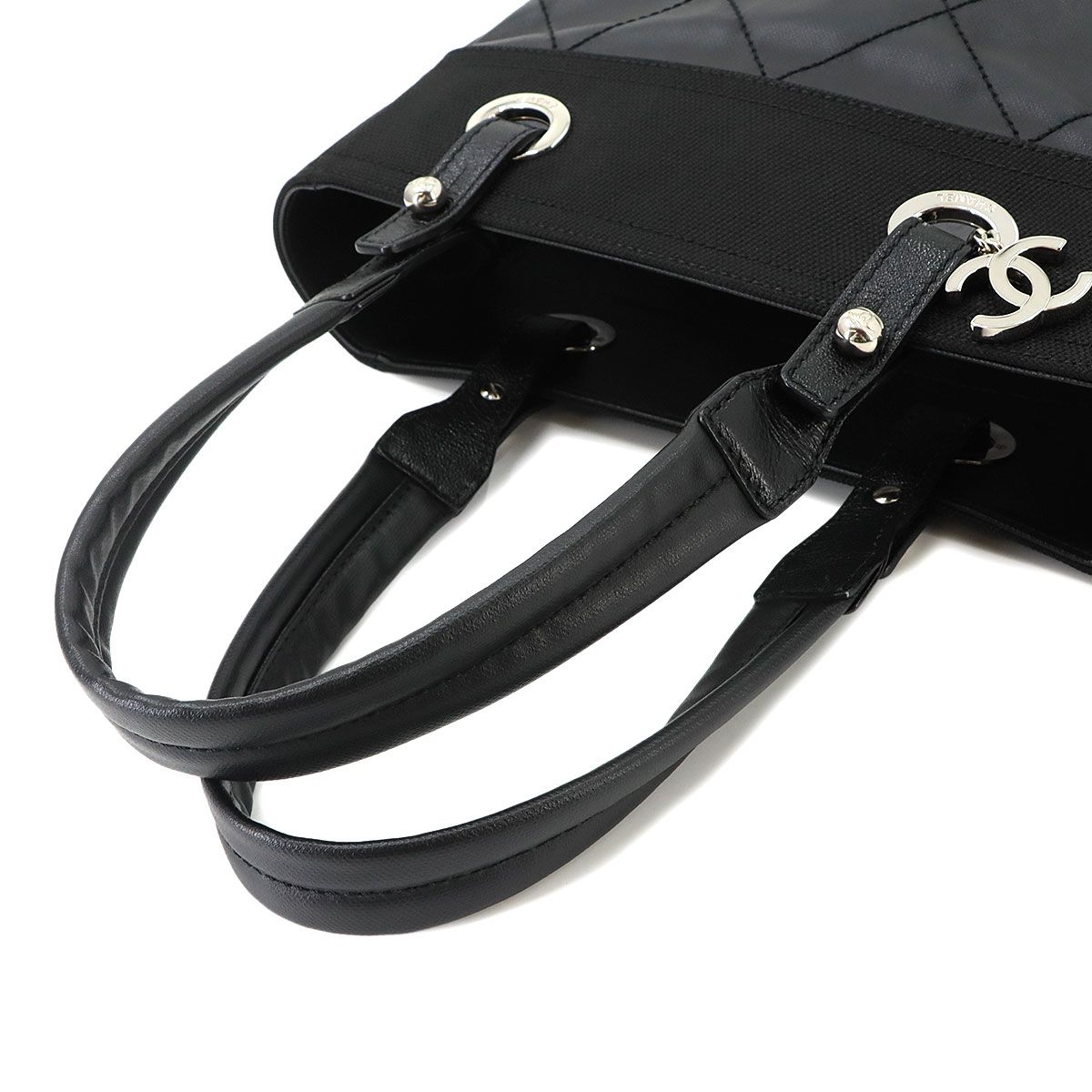 Chanel Paris Biarritz PM Tote Bag Nylon Leather Black Silver — view 6