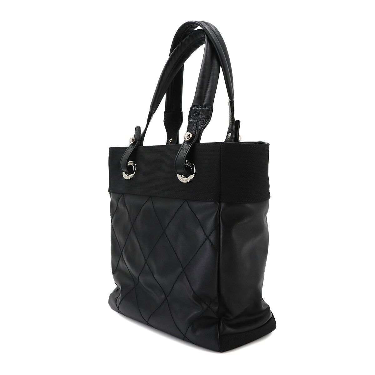 Chanel Paris Biarritz PM Tote Bag Nylon Leather Black Silver — view 4