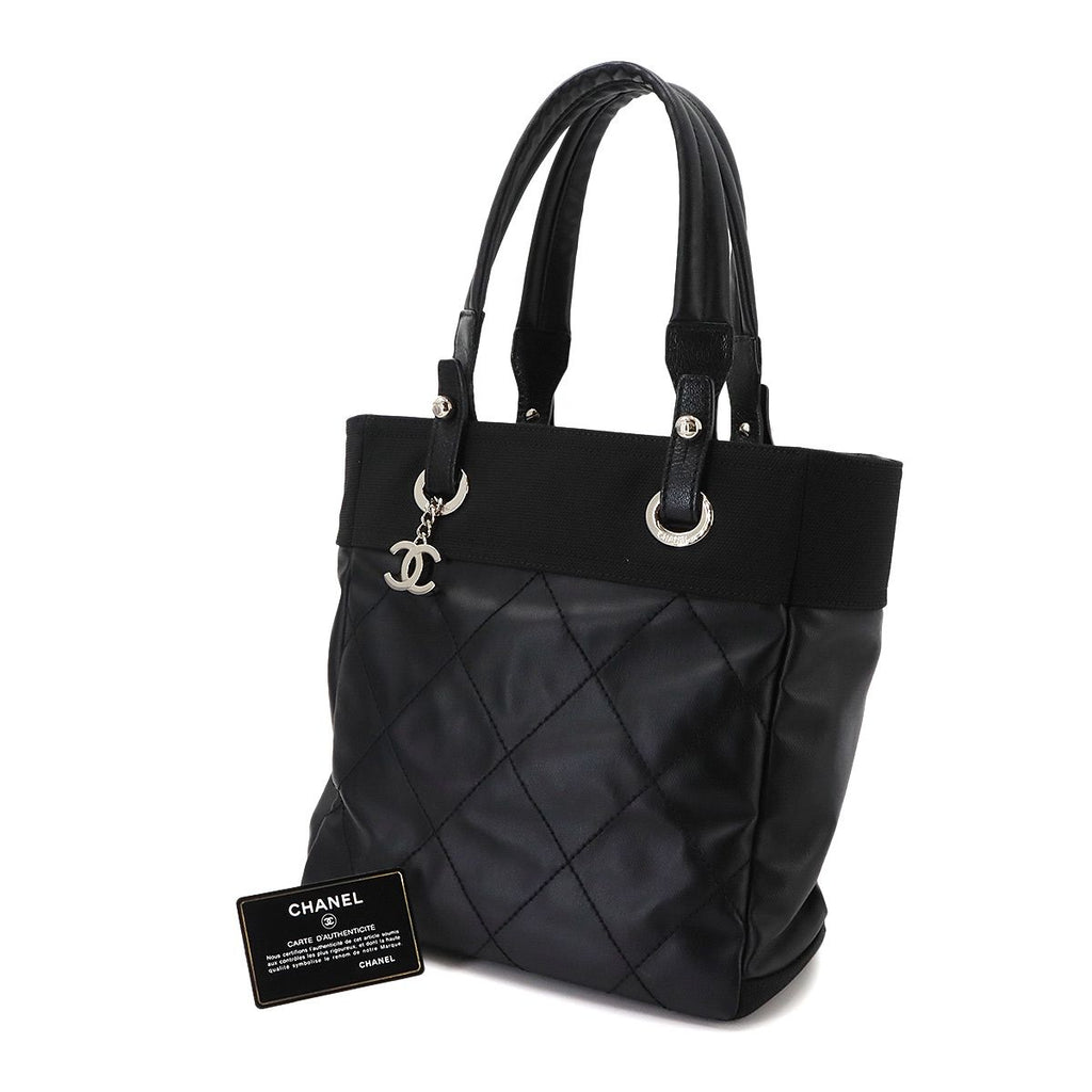 Chanel Paris Biarritz PM Tote Bag Nylon Leather Black Silver — view 2