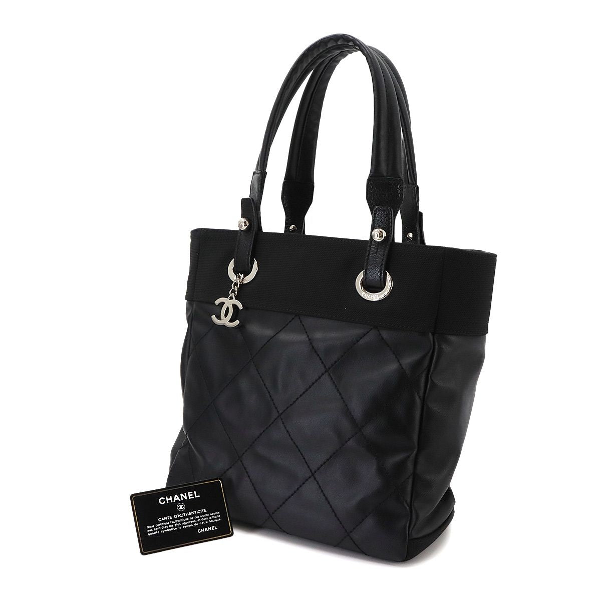 Chanel Paris Biarritz PM Tote Bag Nylon Leather Black Silver — view 2