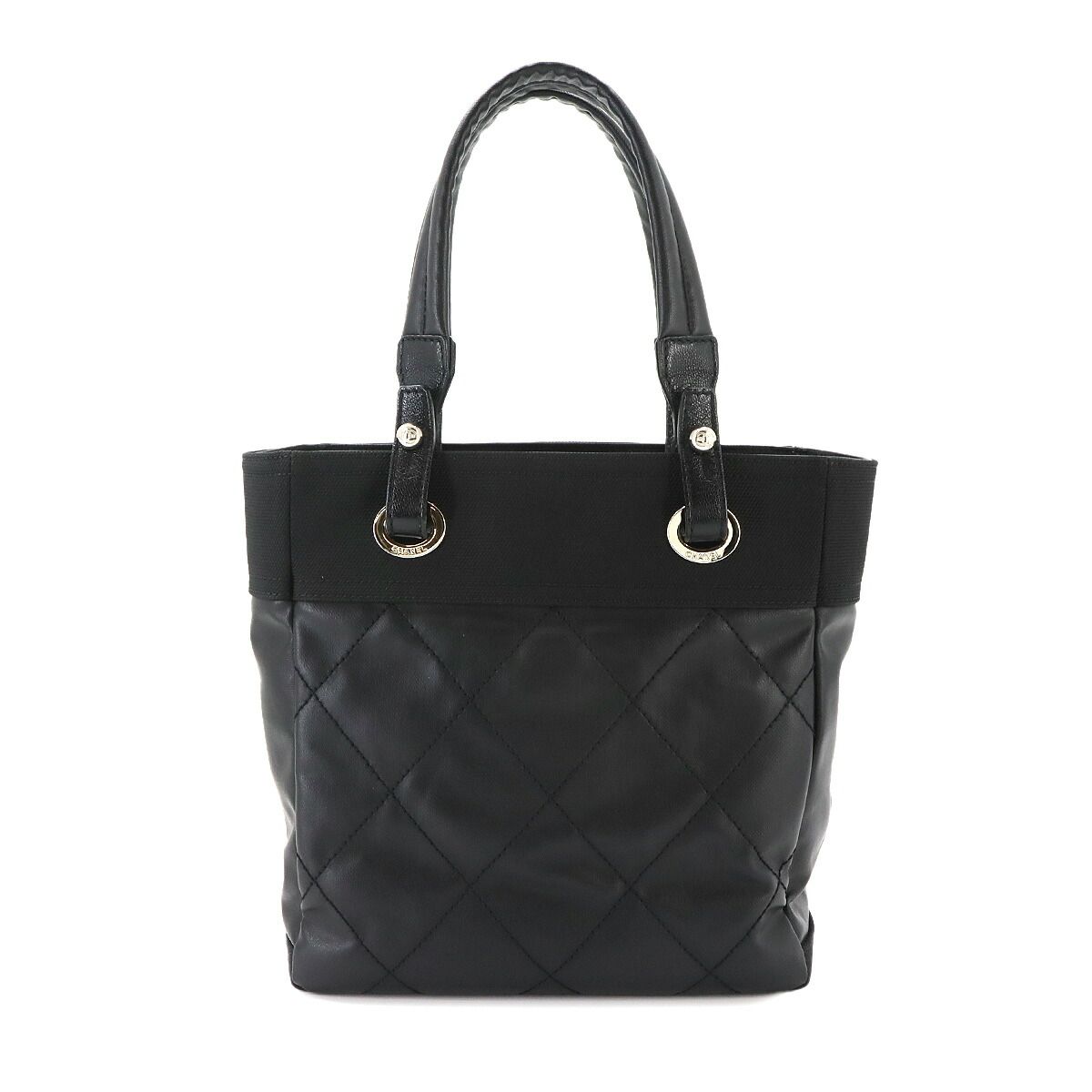 Chanel Paris Biarritz PM Tote Bag Nylon Leather Black Silver — view 3