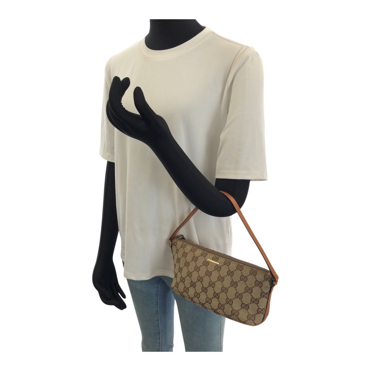 Gucci Vintage Beige Gold GG Canvas Leather Handbag Pouch — view 7
