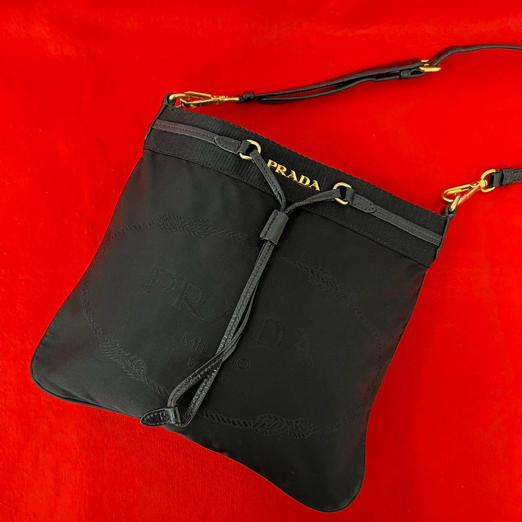 Prada Logo Tessuto Pocono Nylon Leather Shoulder Bag Crossbody Pochette Black