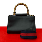 Gucci Nymphaea Bamboo Sherry Line Leather 2-Way Shoulder Bag Black