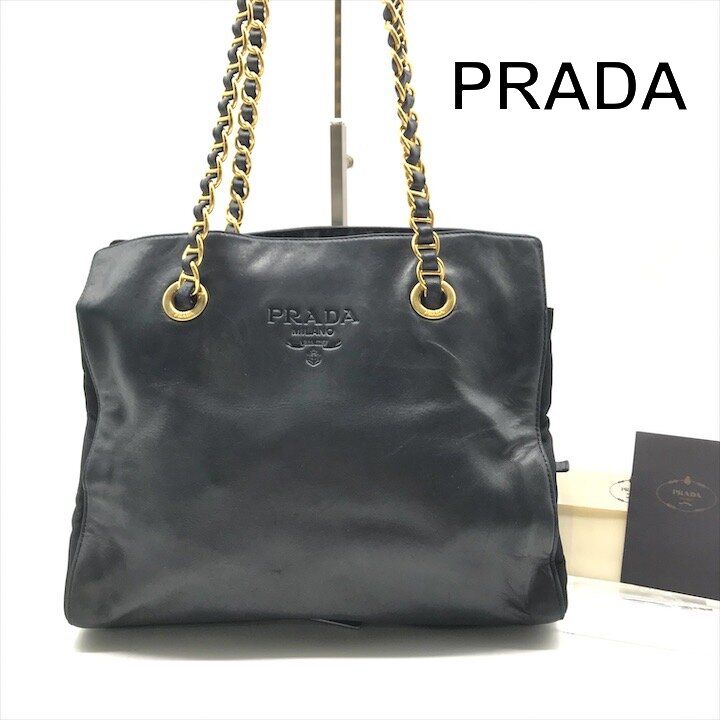 Prada Tote Chain Shoulder Bag Gold Leather Black