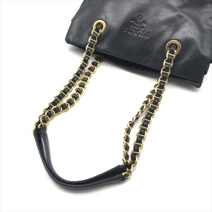 Prada Tote Chain Shoulder Bag Gold Leather Black — view 7