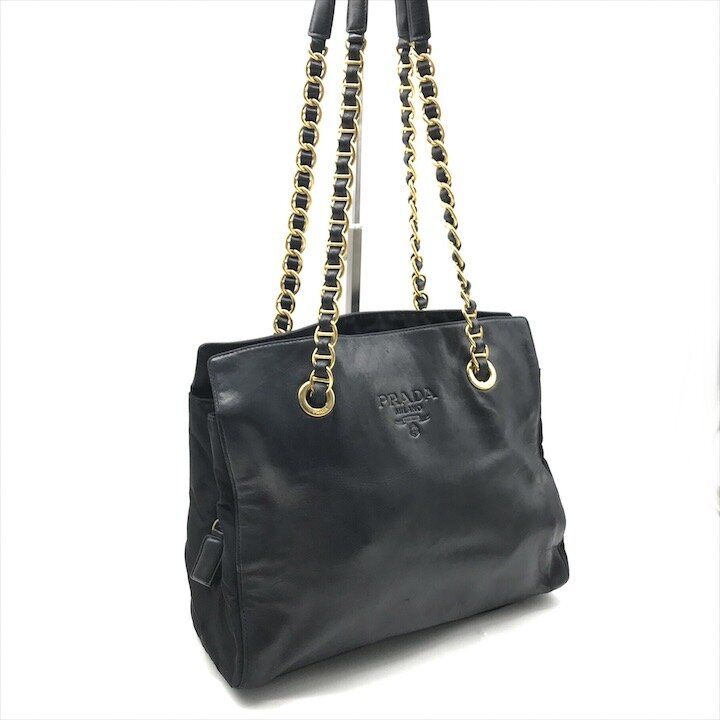 Prada Tote Chain Shoulder Bag Gold Leather Black — view 2