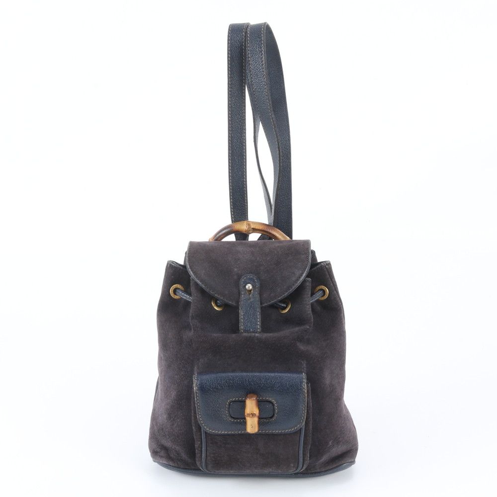 Gucci Bamboo Leather Backpack Shoulder Bag Navy