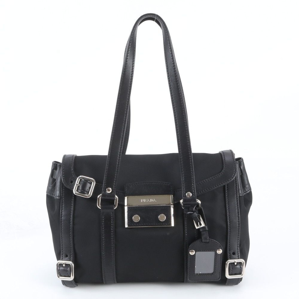 Prada Tessuto Nylon Triangle Logo Leather Shoulder Bag Hand Black