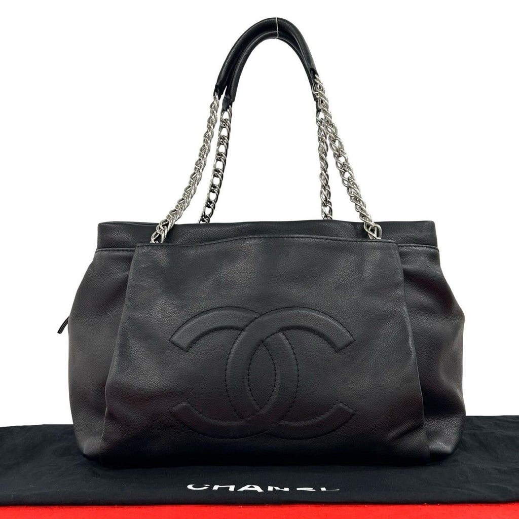 Chanel CC Logo Chain Caviar Leather Tote Shoulder Bag Black