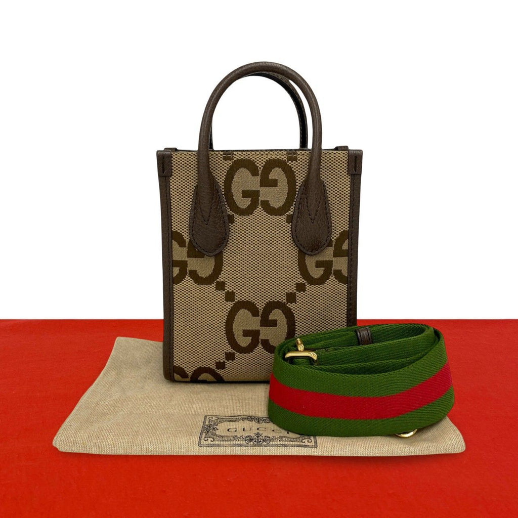 Gucci Jumbo GG Logo Pattern Canvas Leather 2-Way Shoulder Bag Brown