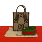 Gucci Jumbo GG Logo Pattern Canvas Leather 2-Way Shoulder Bag Brown