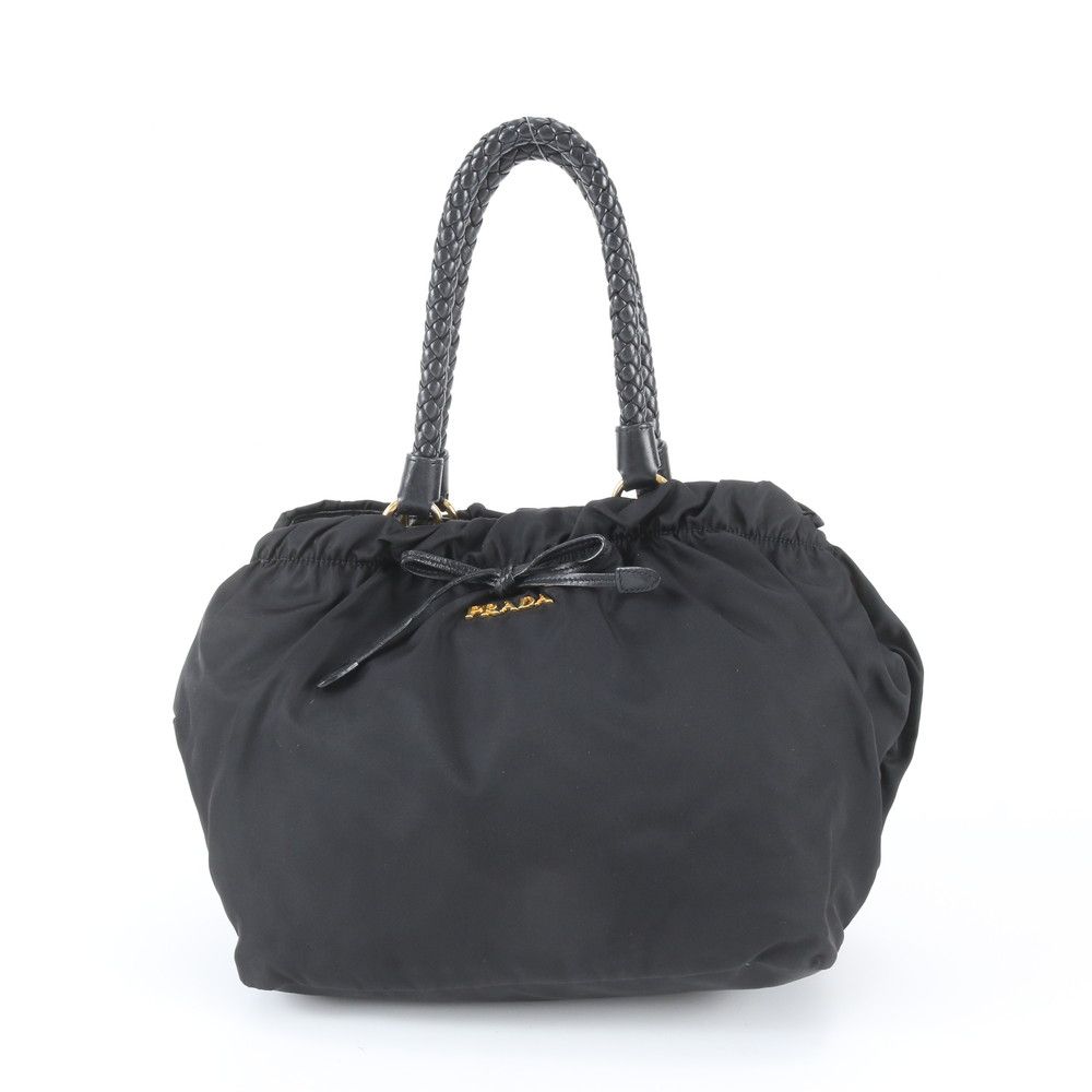 Prada White Tessuto Nylon Gathered Ribbon Leather Handbag Tote Black